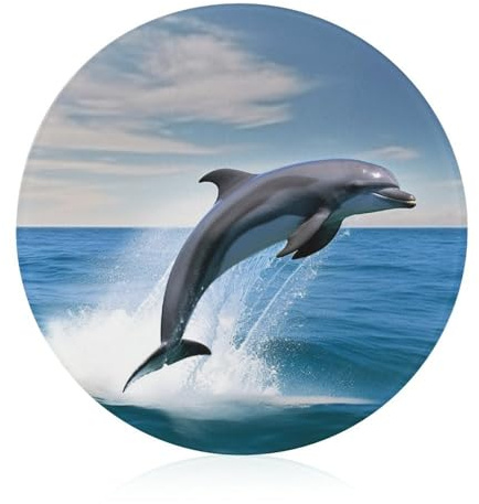 Planche à découper en verre trempé avec motif dauphins sautant - Longue durée - Résistant aux rayures - Résistant à la chaleur - Facile à nettoyer - Décoration de cuisine