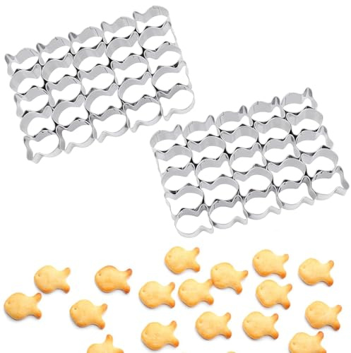 2Pcs Gold Fish Cracker Cutter,Stainless Steels Small Cookie Cutters,25 Cavity Fish Cookie Cutter,Mini Gold Molds for Crackers,Non-stick Dough (2)