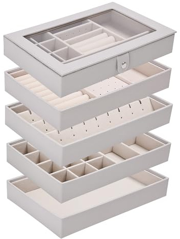 Boxudeli 5 Layer Jewellery Trays Stackable Jewellery Organiser Tray with Clear Lid, Jewellery Display Tray for Drawer Large Jewellery Box for Dressing Table (light grey, 5 layer attach the lid)