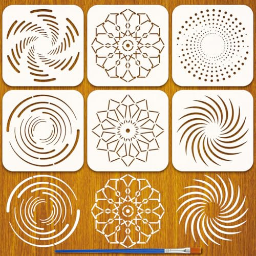 FINGERINSPIRE 6Styles Mandala Musterschablonen Mit Einem Pinsel 15x15cm Kreative Mandala Blumen Malschablonen PET Abstrakte Blumenschablone Blumenmotiv Vorlage Für Holz Wände Stoffe Möbel