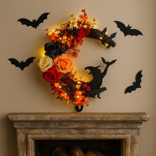 Halloween Türkranz, Herbst Halloween Kranz mit LED Licht, Herbstkranz Haustür Deko, Rose Schwarze Katzenmond Türkranz Herbst Außen Innen, Halloween-Deko Tür Trockenblumen Kranz für Draußen Party (A)