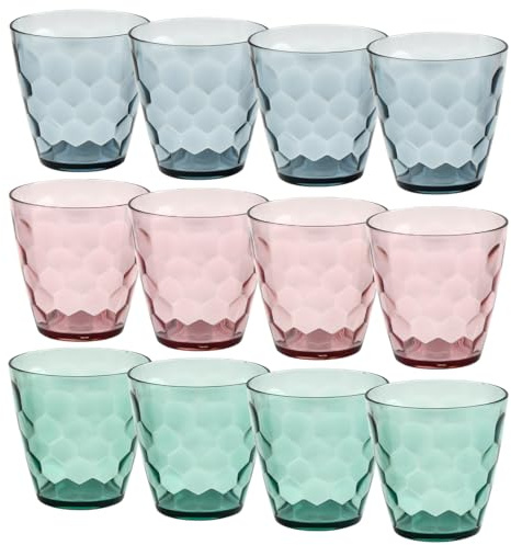 OctBird 12PCS Plastic Tumblers,325ml/10oz Plastic Glasses Reusable,Four Items Each in Pink,Green and Grey Stackable Cups for Beverages Such as Beer,Juice,Cocktails at Parties,Picnics Settings