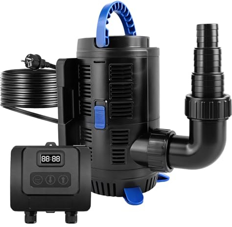 EXLECO Justerbar dammpump för utomhusbruk, 1 5 000 l/h, 37 W-180 W, justerbar, med multifunktionskontroll, filterpump för damm, dammpump, fontänpump