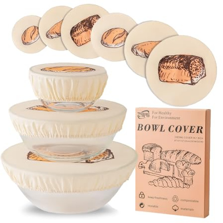 6 Pack Beeswax Cotton Bowl Covers for Bread Proofing, 8/10/12 Inch Reusable Elastic Cloth Food Covers, Washable Fabric Lids for Sourdough, Dough Rising and Kitchen Storage