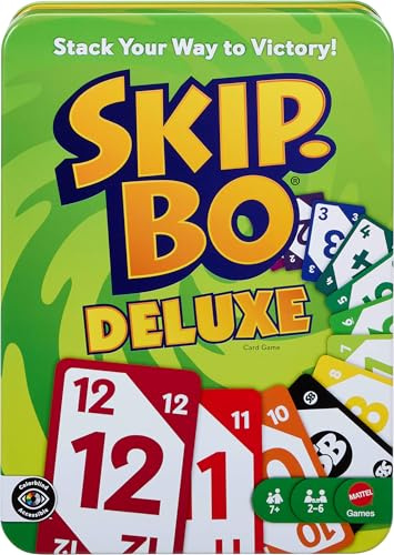 Mattel Games Skip-Bo Deluxe Card Game Tin, Ages 7+, Players 2-6 | Includes Score Pad and Pencil for Kids, Teens and Family Game Nights, Colorblind Accessible Deck (Amazon Exclusive)