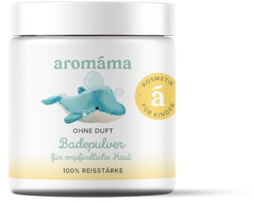 aromáma Baby badpulver – mild barn- och babytvätt för känslig hud, 100 % risstyrka, talkfri och oparfymerad, naturlig fuktgivande badtillsatspulver, 150 g