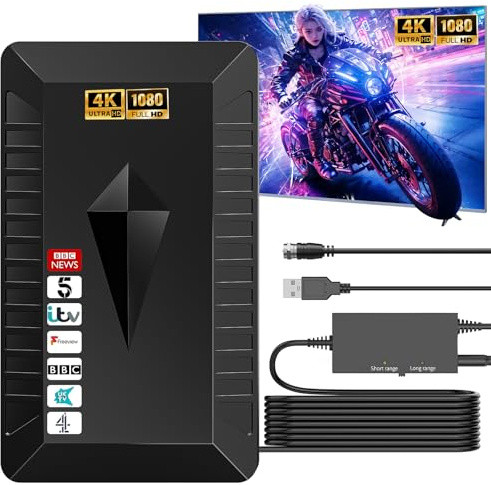 Antenne TV Intérieur Puissante TNT, 650KM Antenne TNT Intérieure Puissante avec Amplificateur Intellectuel Signal, pour HDTV 1080P 4K VHF UHF Chaînes Télévision Gratuites – 10M de Câble Coaxial