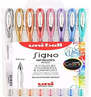 uni-ball Mitsubishi Pencil - 8 Stylos Rollers Encre Gel Signo - Couleurs Métalliques - Pointe 0,8 mm - Écriture Médium - Rollers Créatifs pour Carterie et Loisirs Créatifs