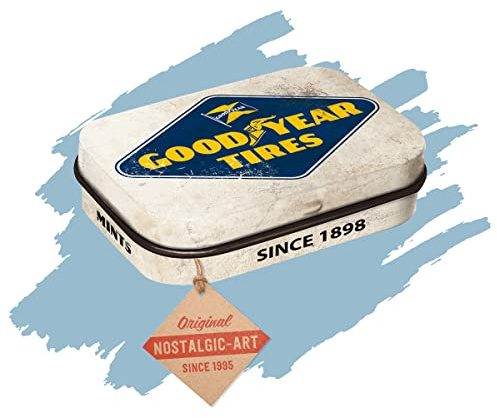 Nostalgic-Art Retro Pillendose, 4 x 6 x 1,6 cm, Goodyear – Logo White – Geschenk-Idee für Motor-Fans, mit Pfefferminz-Dragees, Vintage Design