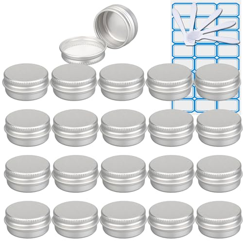 ZEOABSY 20 Pièces 10ml Pots en Aluminium Vide Rond Argent Petit Cosmétiques Pot Conteneurs for Fait Main Bougies Crème Baume Voyage, 5X Spatule, 1x Étiquettes