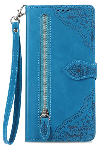NEXCURIO Zip Wallet Case Compatible with Apple iPhone 14 Phone Case Wallet with Credit Card Holder Strap Stand Women Leather Flip Case Floral Folding Cover Shockproof - Blue