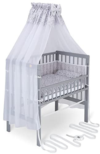 FabiMax Baby Beistellbett für Boxspringbett, TÜV geprüft 2022, inkl. Matratze und Komplett Set, Buche massiv grau, Classic/graue Blümchen