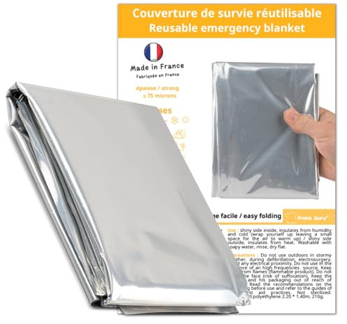 Frana surv Couverture de Survie réutilisable isothermique Made in France, épaisse, Lourde, Grande Taille, Contre la Chaleur et Le Froid, pour Trail, Camping, randonnée, Trousse de Secours, 220x140cm