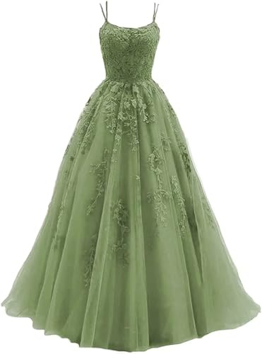 Sincemeet Damen Ballkleid aus Tüll mit Spaghettiträgern Lange Spitzenapplikationen Ballkleider A Linie formelle Party Abendkleider Ballkleider Damen Lang