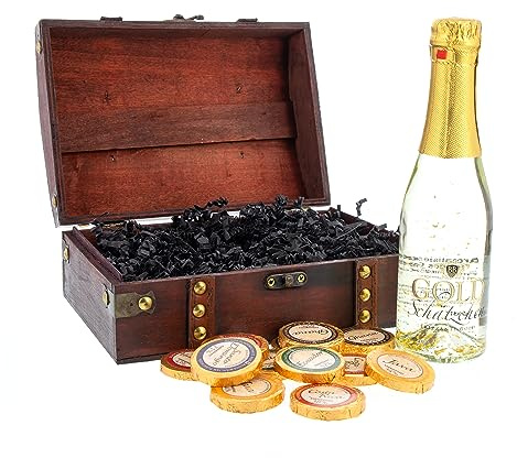 Bull & Bear Geschenk Mini-Truhe Gold-Schätzchen, 12 × 8 × 8 cm, kleine Schatzkiste aus Holz mit 0,2 l Sekt mit echtem Blattgold und 12 Golddublonen aus Schokolade