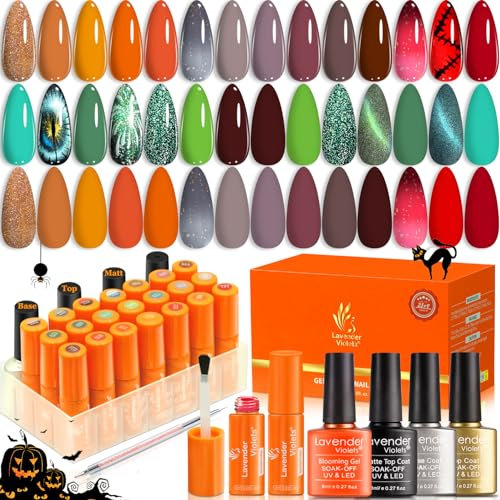 Lavender Violets 27 Stück UV-Gel-Nagellack Magische Katzenaugen & Thermo-Effekt Farben mit Blooming Gel Shellac Unterlack, Glänzend n Matte Decklack Cat Eye, Dotting Drawing Nagelbürste C404