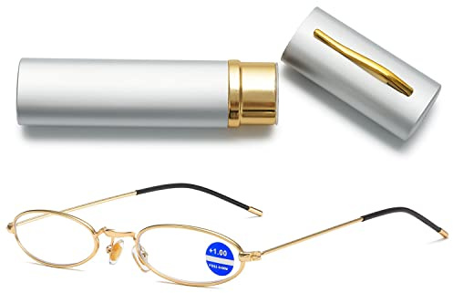 VEVESMUNDO Kleine Blaulichtfilter Lesebrille Damen Herren Metall Mini Schmal Kompakt Anti Blaulicht Lesehilfe Brille mit Metall Etui