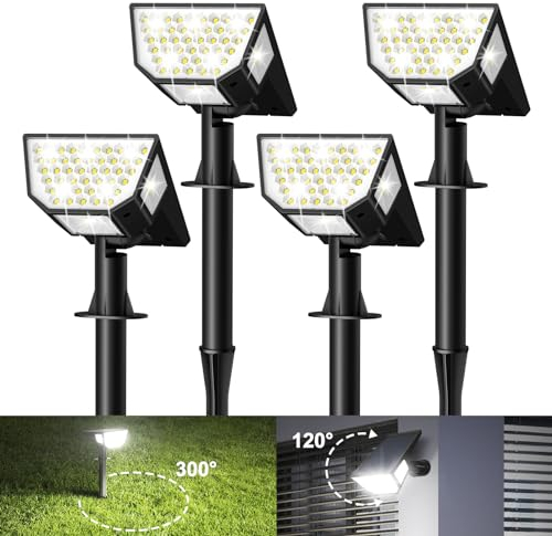 Faretti Solari da Giardino, 63 LED Angolo di Luce a 300° Lampioni Solari da Giardino 3 Livelli di Luminosità, IP67 Impermeabile Luci Solari Esterno Giardino per Cortile Vialetto, Bianco Freddo 4 Pezzi