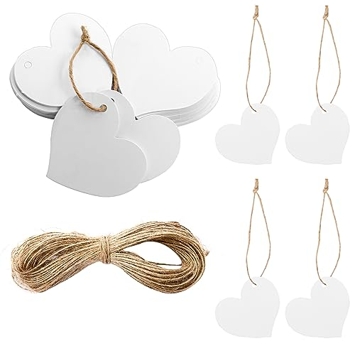 100 Stück Weiße Geschenkanhänger Herz Anhänger Papier 4 x 4,5cm Hochzeit Herz Etiketten mit Schnur Herz Kraftpapier Anhänger für Valentinstag Party Geburtstag Christmas