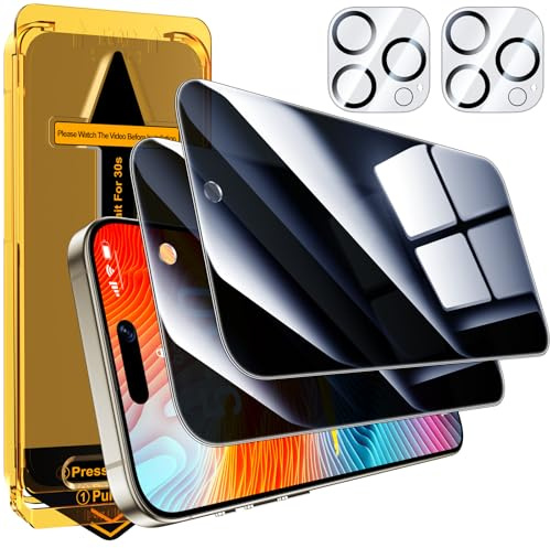 Esanik Sichtschutz für iPhone 15 Pro (2+2 Stück), 2x Sichtschutzfolie + 2x Kameraschutz, 9H Anti-Spy Privacy Panzer Schutz Glas Folie, 6,1 Zoll