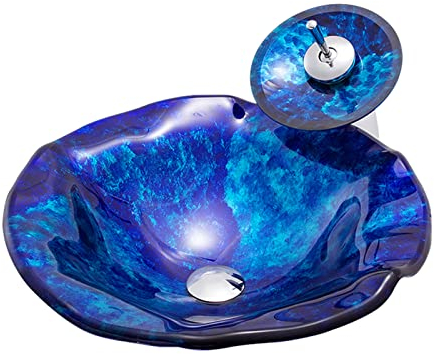 GaRcan Blaues Glaswaschbecken, handbemaltes künstlerisches Waschbecken in Blumenform, Aufsatzwaschbecken mit Wasserfall-Wasserhahn, Pop-up-Ablauf