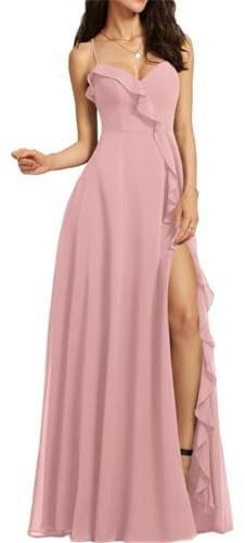 Robe de demoiselle d'honneur avec col en V et bretelles spaghetti longueur ras du sol pour invitées de mariage pour femmes pour soirée, rose poudré, 40