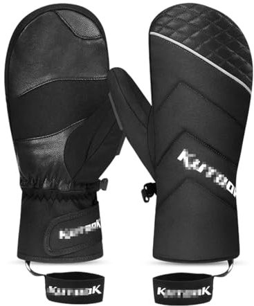 Ornrjfll Winter Thermo Skihandschuhe Schneemobil Daunenhandschuhe Wasserdicht Leder Schneehandschuhe Skaten Snowboard Skifahren Fäustling Herren Schwarz XL