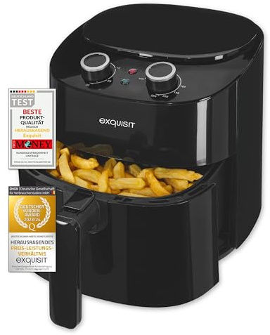Exquisit Heissluftfriteuse FR6502 sw - 3,5l Air Fryer 1300W - Schwarz | Heissluft Fritteuse zum Backen und Grillen ohne Oel - Mit Timer und Temperaturregler - Herausnehmbarer Frittierkorb