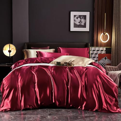 Freyamy Housse de Couette Satin 140x200cm+1 Taie d'oreiller 65x65cm Vin Rouge Unie Luxe Parure de lit en Satin de Soie Brillante Sets de Housse Couette Adulte avec Fermeture Éclair Linge de Lit