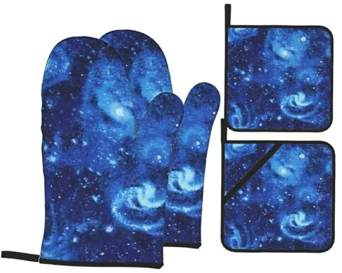 Blue Universe Space Galaxy Print Oven Mitts and Pot Holders Sets 4piece Set Gloves Baking Cooking Grilling Microwave