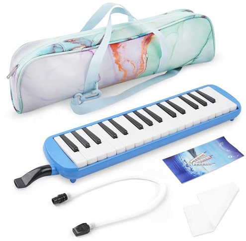 Haecsfl Melodica-Instrument mit 32 Tasten, Sopran Melodica Air Piano Keyboard Pianica mit 2 weichen langen Röhren, 2 kurzen Mundstücken und Tragetasche (6-blau)
