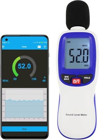 Schallpegelmessgerät, Digital Schallpegelmesser mit Bluetooth-fähiges, Dezibel Messgerät 30~130dBA Bereich MAX/MIN Datenhold mit LCD-Display und Hintergrundbeleuchtung für Zuhause, Schule
