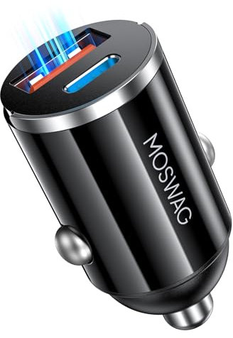 MOSWAG Zigarettenanzünder USB Ladegerät, Mini Autoladegerät USB C QC 3.0, Dual Ports Schnellladegerät Autoladegerät Für iPhone 16 15 Samsung Galaxy und Mehr