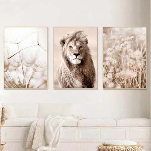 Juego de 3 pósteres, modernos, bohemios, de hierba de las Pampas, beis, juncos, león, naturaleza, murales decorativos para salón, cuadro artístico sin marco, impresión artística en lienzo (21 x 30 cm,