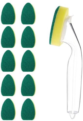 Hinapan Disksvamp med diskmedelsdispenser, innehåller 1 diskmaskinstång och 10 reservsvamphuvuden, rengöringssvamp diskborstar med handtag, slitstark reptålig