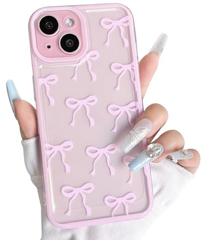 NITITOP Cover per iPhone 15 Plus Trasparente Carina con Fiocco Nastro Estetica per Donne e Ragazze con Colore Cornice Sottile TPU Copertura Anti-ingiallimento Antiurto - Rosa
