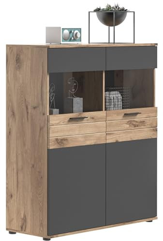 Newroom Vitrine Basalt Grau Eiche Vitrinenschrank Industrial Modern - 110x122x37 cm (BxHxT) - Glasvitrine Glasschrank Standvitrine - [Lupus.Four] Wohnzimmer Schlafzimmer Büro Flur