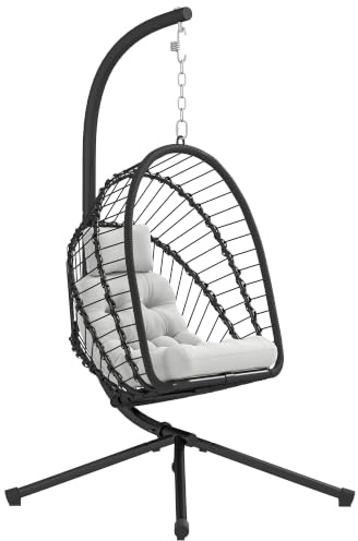 Outsunny Outdoor PE Rattan Swing Chair Egg Chair Black | Foldable Basket, Cushion, Metal Stand, Headrest, Indoor Outdoor Use