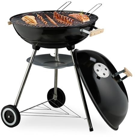 Relaxdays Barbecue a Sfera con Coperchio Rotondo, Ø 54 cm, Grill a Carbonella da Esterno, 2 Ruote, Raccoglicenere, Nero