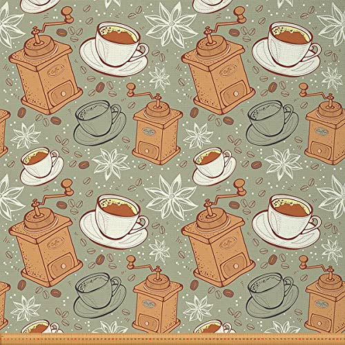 Vintage Espresso Machine Fabric by the Yard, Retro Doodle Upholstery Material, Waterproof DIY Projects, 5 Yards (L460*W150cm), Gray Brown
