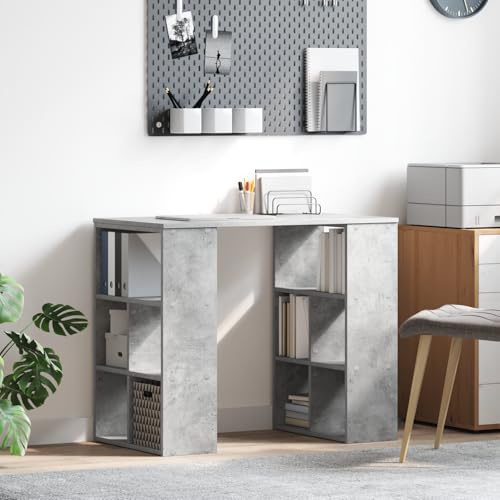 Qnhdfrt Grauer Eckschreibtisch mit 8 Regalen Stauraum Moderner Bürotisch für Heimbüro aus Spanplatte Beton-Optik Rechteckig