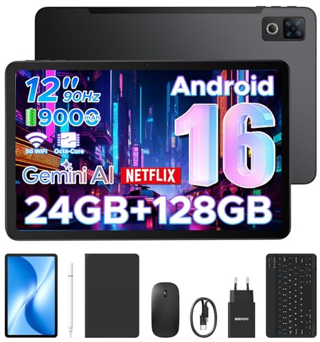 DOOGEE U12-V Tablette Android 16, Tablette 12 Pouces, 24GB RAM+128GB ROM(TF 2TB), Batterie 9000 mAh/ 18W Charge Rapide, Unisoc T7255 Octa-Core Caméra 13MP Clavier Tablette avec Stylet, 5G WiFi