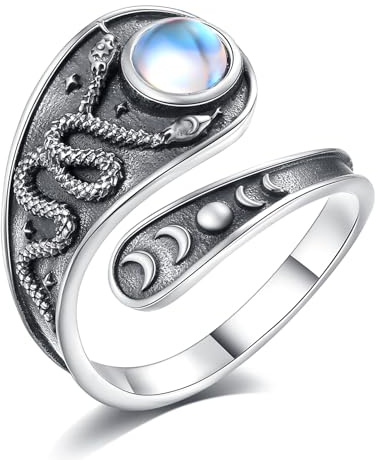 EUDORA Harmony Ball 925 Sterling Silver Snake Spoon Ring for Women Men, Adjustable Wiccan Snake Moon Phase Moonstone Band Rings Jewelry Gift for Daughter Son
