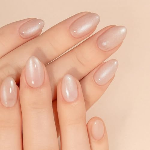 30 PCS Iridescent Milky White Press on Nails - Short Almond Shape Crystal Sheer Soft Nude Clean Natural Style - Minimalist Glow Everyday Elegant Look for Women