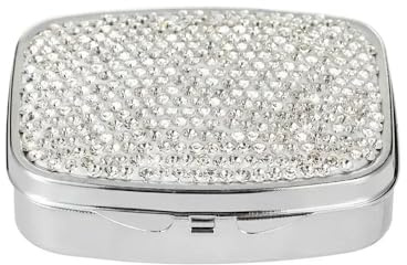 Boîte à pilules portable en cristal bling-bling 2 compartiments - Petit étui de voyage pour sac à main ou poche pour conserver les vitamines (blanc carré)