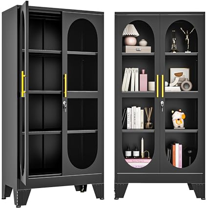 61H Metal Display Cabinet with Glass Door and Lock, Tall Storage Cabinet with 3 Adjustable Shelves, 4 Tier Liquor Cabinet Metal Curio Cabinet Multi-Purpose Display Case for Collectibles Living Room