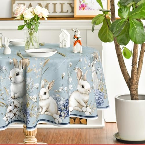Artoid Mode Kapok Hortensien Kaninchen Hasen Ostern Tischdecke Rund 140 cm, Saisonnal Frühling Fleckschutz Tischwäsche Küche Dekoration Party Dekor