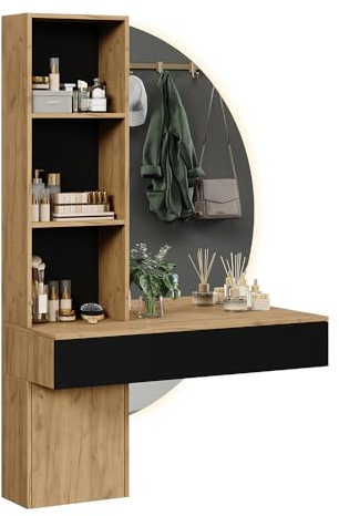Vicco Schminktisch Melora, Eiche/Schwarz, 100 cm | mit LED-Spiegel, zur Aufbewahrung von Kosmetik und Accessoires