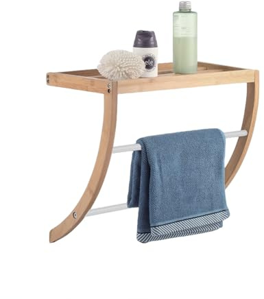 BM Portasciugamani da Parete in Bambù con Ripiano – Mensola Bagno in Bambù Naturale con Barra in Metallo, Design Curvo Salvaspazio, Porta Asciugamani da Muro 38x20x34 cm