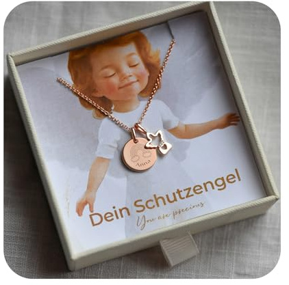 Schutzengel Kette für Mädchen personalisiert mit Gravur Symbol & Namen | Silber 925, Kinder Baby Halskette mit Engel-Anhänger, Taufkette Geschenk zur Taufe Kommunion Einschulung Geburt Patenkind